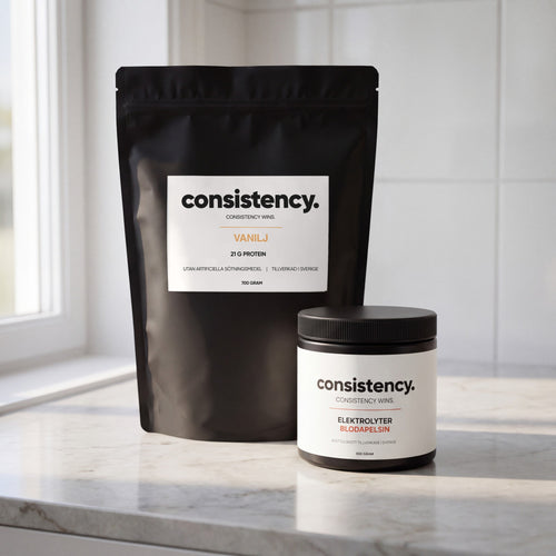 Consistency Endurance: vassleprotein och elektrolyter på köksbänk, protein vanilj